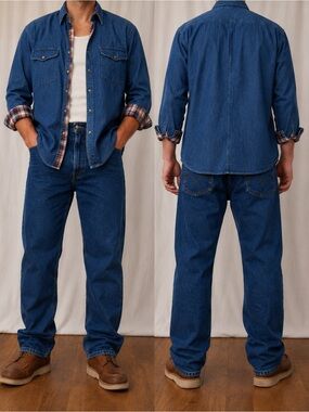 Vintage Lands' End Denim Shirt Mens Large Plaid Lined Made in USA Workwear 90s
